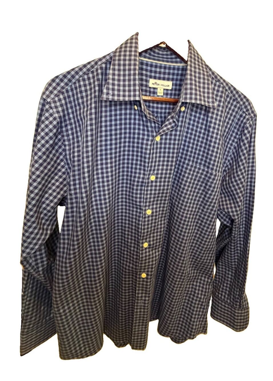 Peter Millar Men’s Large Blue Navy Gingham Check 100% Cotton Long Sleeve Shirt